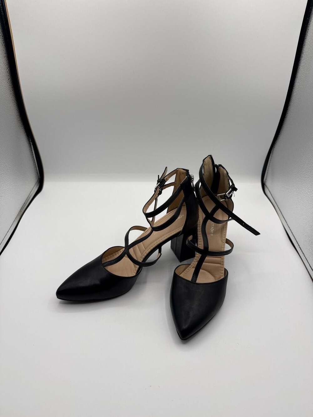 Adrienne Vittadini Black Strappy Pointed Toe Block Heel Pumps